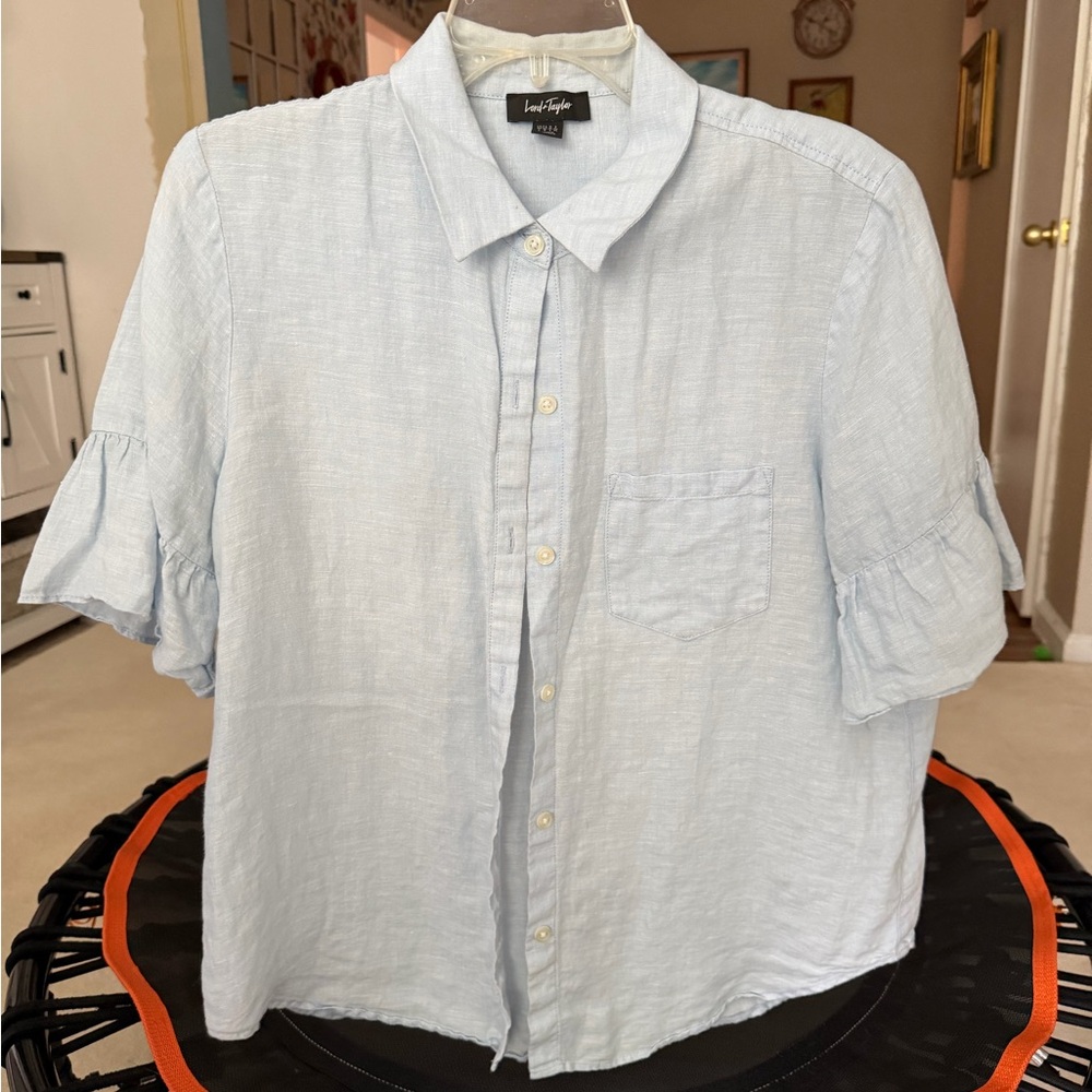 Lord & Taylor Beautiful Linen Light Blue Ruffle Sleeve Button Front Blouse-L